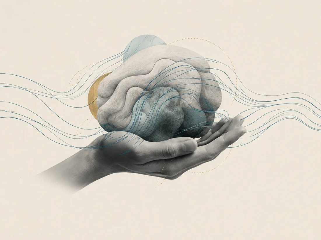 Editorial illustration of a brain cradled in one hand over calm teal waves
