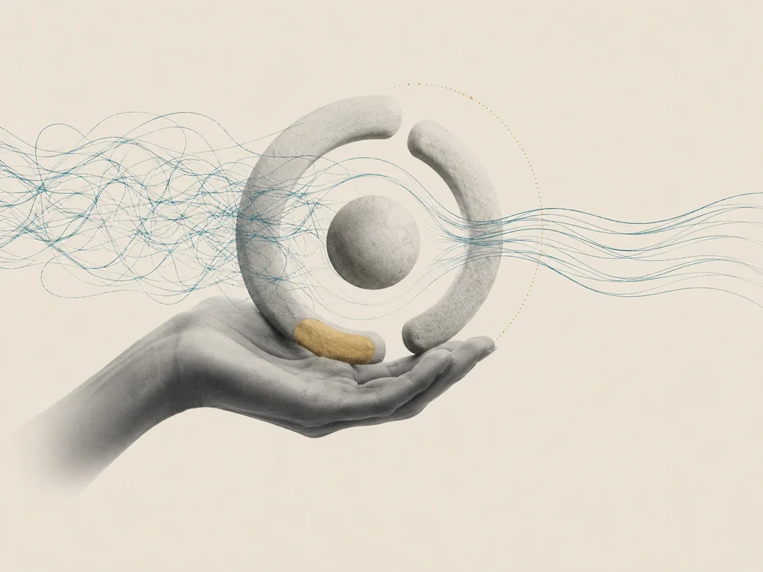 Editorial illustration of an open hand holding a ring, with tangled threads entering and ordered threads leaving